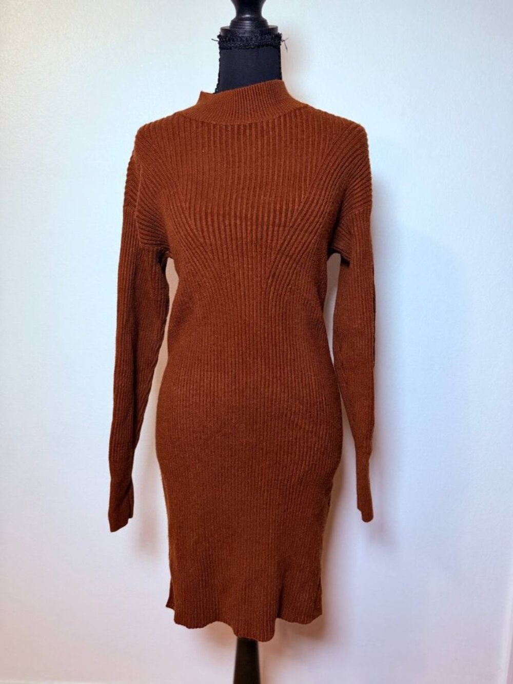 Abercrombie Rust Brown Ribbed Sweater Dress Mock Neck Fall Minimalist XS Tall